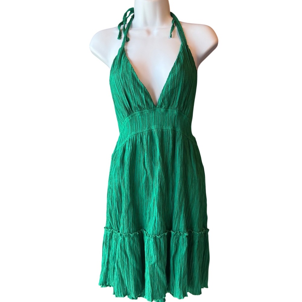Halter Plunge Neck Open Back Tiered Dress Green Estimated Size Small Medium